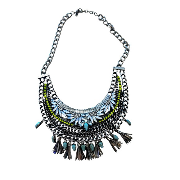 Chunky Statement Necklace Silver Green White Turquoise BaubleBar - Picture 1 of 15